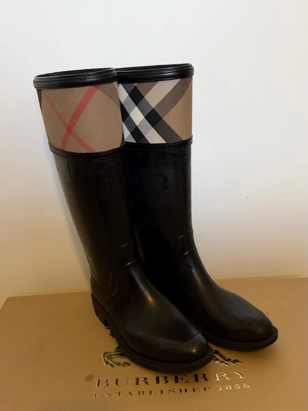 Burberry Black Rain Boots with Signature House Check Cuff